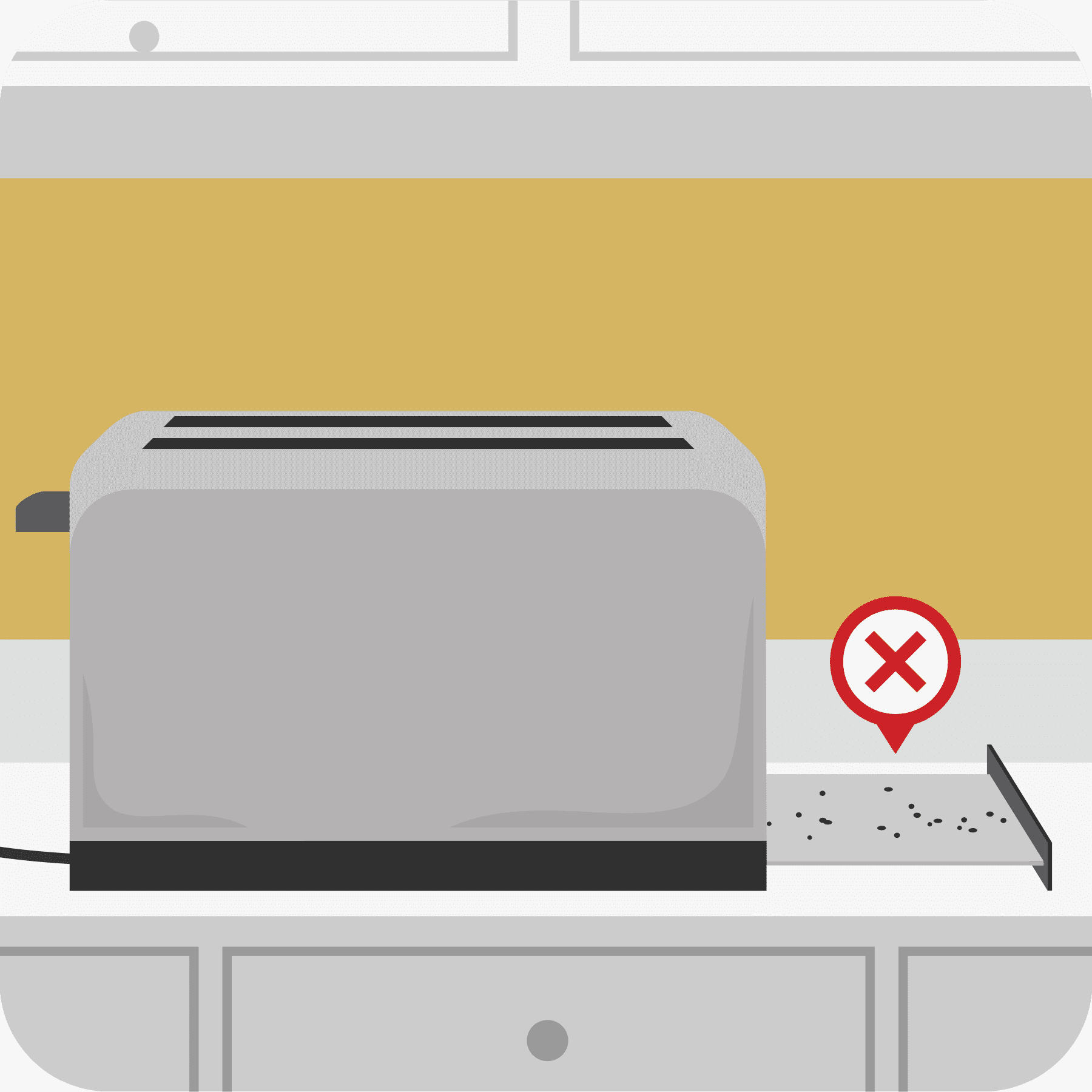 Toaster with crumbs left in the bottom tray. Red x over crumbs.